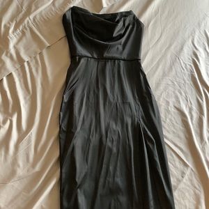 Black silk midi cocktail dress with slit on left leg